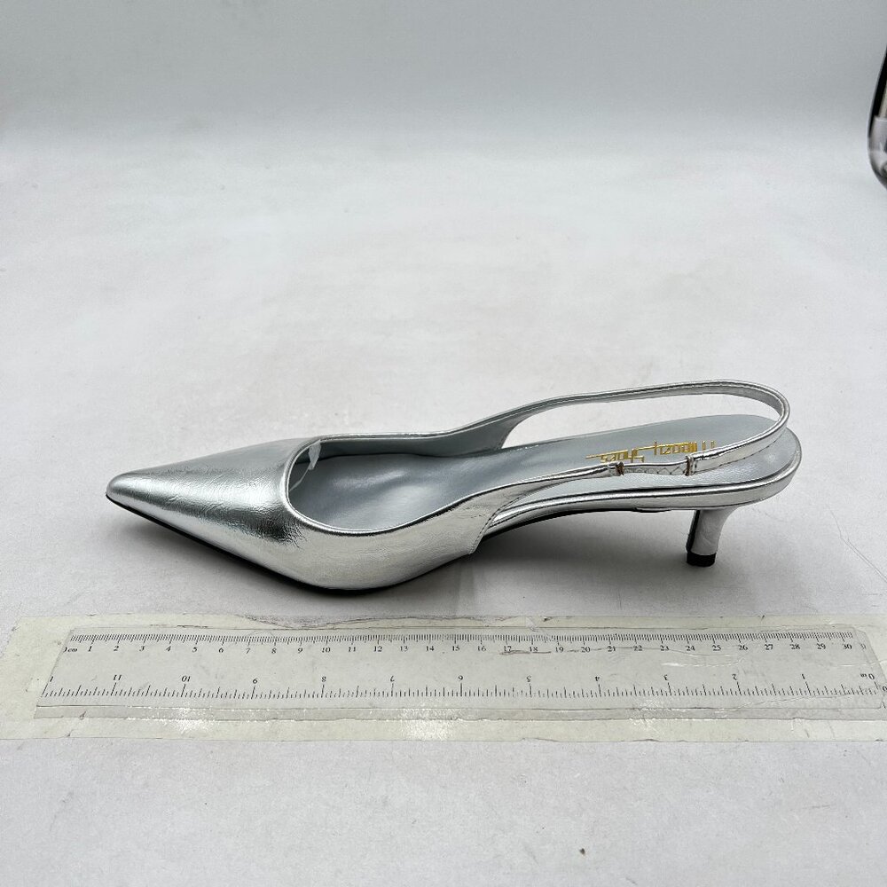 Silver Slingback Pointed-Toe Kitten Heel Pumps